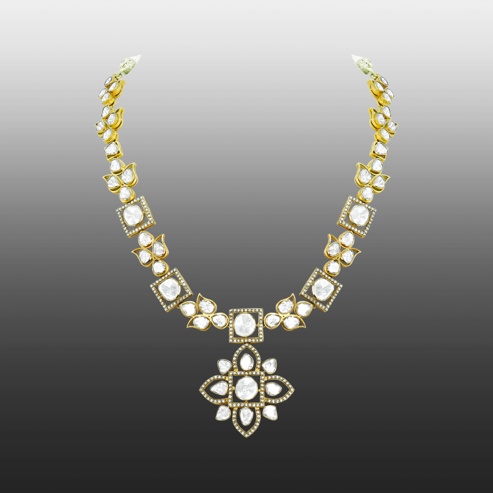 Polki Necklace with Floral Motifs and Lotus-Inspired Pendant